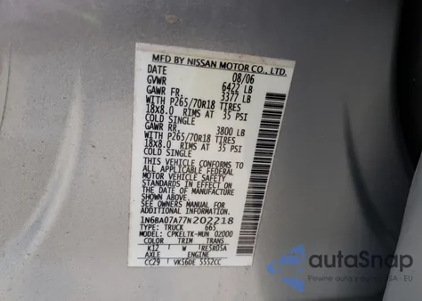 2007 Nissan Titan Xe из США, поврежденный, VIN 1N6BA07A77N202218